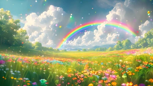 Magical green spring landscape with colorful rainbow. Layers of flowers over the vast meadows under a rainbow on a sunny day. Summer background with blue sky. Sparkling 4k Video fantasy