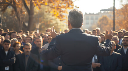 Politician delivering an outdoor speech to a crowd of party members. - obrazy, fototapety, plakaty