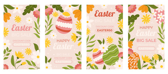 Easter collection of vertical social media template for shopping sale. Design with floral frames, painted eggs. Flat hand drawn illustrations for promoting.