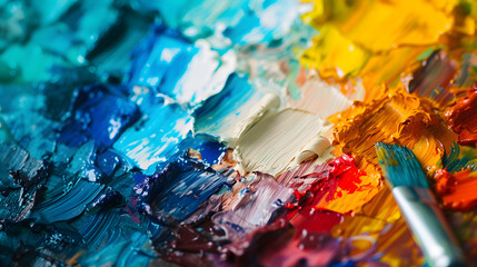 close-up of an artist's palette with a spectrum of paint colors, focus on creativity and color theory