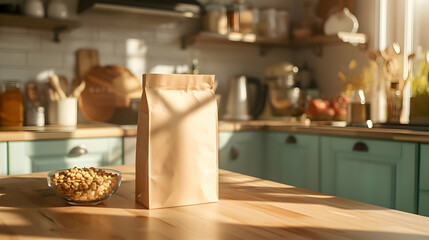 Fototapeta na wymiar A mockup of kraft paper packaging on the cute kitchen table sunny day. High-resolution
