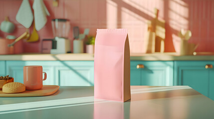 A center mockup of pink kraft paper packaging on the cute kitchen table sunny day. High-resolution