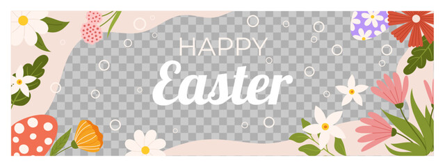 Easter horizontal banner template. Design for celebration spring holiday with transparent frame for photo, painted eggs and flowers around.