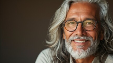 The image depicts a man with long gray hair and a beard wearing glasses smiling warmly at the camera.