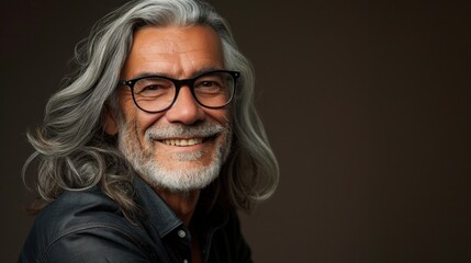 Smiling man with gray hair and beard wearing glasses in a dark shirt against a brown background.