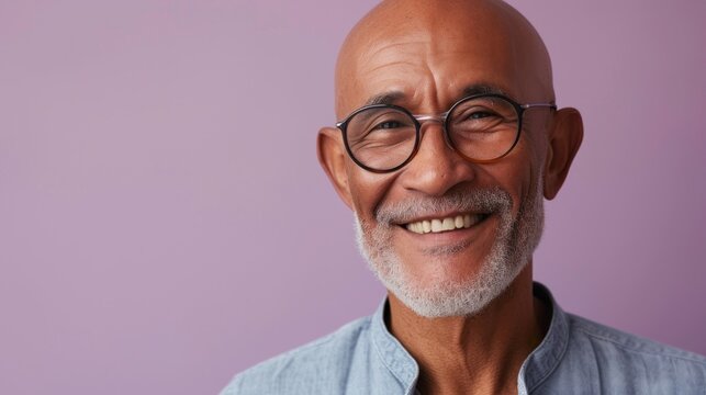 Smiling bald man with glasses and white beard wearing blue shirt against purple background.
