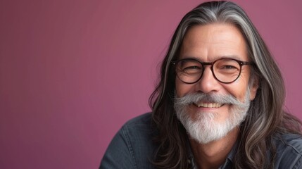 Fototapeta na wymiar Smiling man with long gray hair mustache and glasses wearing a denim shirt against a pink background.