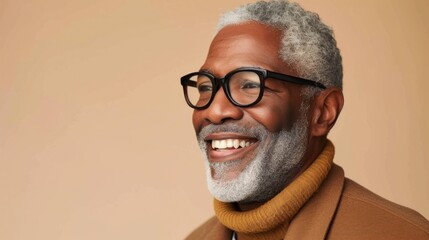 Smiling elderly man with white beard and glasses wearing brown turtleneck and jacket against beige background. - 731170813