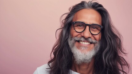 A man with long gray hair and a beard wearing glasses smiling against a pink background.