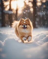 cute male Pomeranian running through the snow, warm light