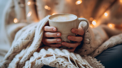 Obraz na płótnie Canvas cozy autumn vibes, a person wrapped in a blanket holding a mug of hot cider, close-up on hands, warm indoor lighting for a lifestyle blog