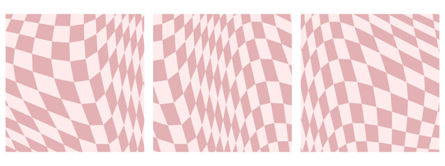 Set of Square Abstract Background Featuring Psychedelic Groovy Checkerboard Design in 1970s Hippie Retro Style. A Vector Pattern Ready for Use, Pink color palette.