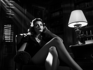 a femme fatale from a 40s film noir movie with dark shadows and beautiful lighting - 731171039