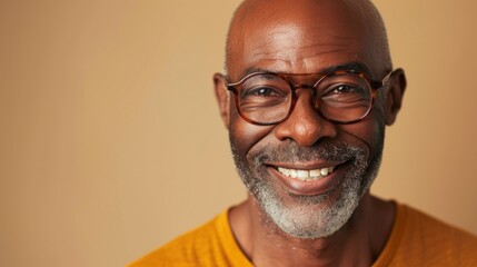 Smiling man with glasses and gray beard wearing a yellow shirt against a beige background. - obrazy, fototapety, plakaty