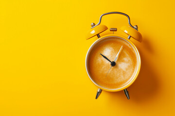 Cup of coffee with clock hands on yellow background with copy space, top view. Clock face in coffee cup. Coffee break, morning routine, breakfast time creative concept. Latte art on clock, coffee time