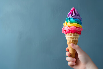 Hand holding rainbow ice cream. Closeup shot of rainbow ice cream dessert with space for text. Ice...