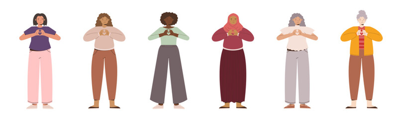 IWD Inspire Inclusion campaign, International Women's Day 2024 collection features a diversity of women making the heart gesture with their hands. Vector hand drawn illustration in flat style