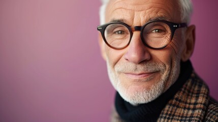 An elderly man with white hair and a beard wearing glasses smiling and dressed in a plaid jacket and black turtleneck against a pink background.