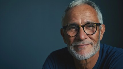 Smiling man with glasses and gray beard posing against studio background. - obrazy, fototapety, plakaty