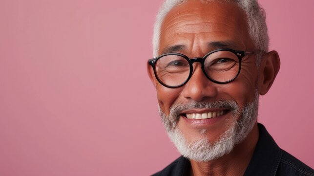 A smiling elderly man with white hair and a beard wearing glasses against a pink background.