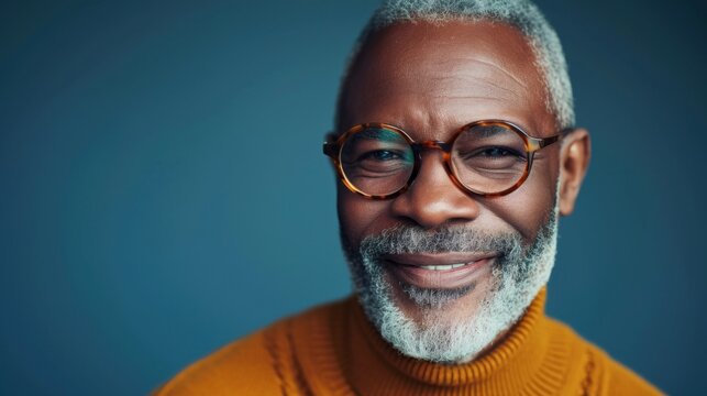 The image shows a smiling man with a gray beard and mustache wearing glasses and an orange turtleneck set against a blue background.