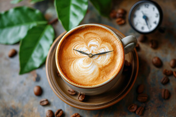 Cup of coffee with clock hands on a table with copy space, top view. Clock face in coffee cup....