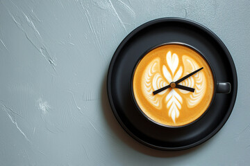 Cup of coffee with clock hands on a table with copy space, top view. Clock face in coffee cup....