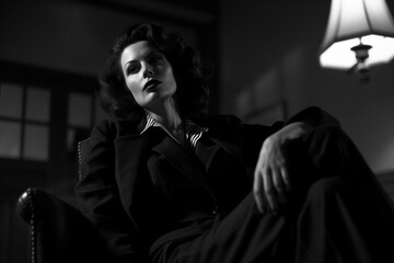 a black and white photograph of a female character from a film noir scene - 731171671