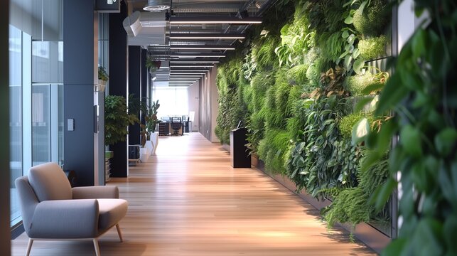 Modern office interior boasting a lush green living wall, incorporating sustainable design with vibrant flora and fauna, reflecting a nature-friendly company ethos.