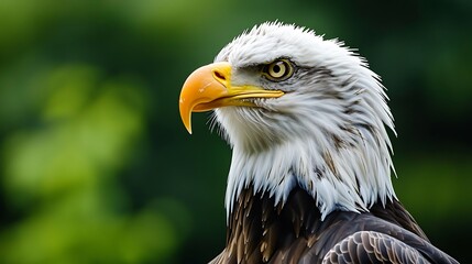 Fototapeta premium Close up of a bald eagle as it turns it head and stares into the distance
