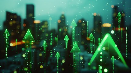 Green and sustainable development in the business sector, showcasing upward arrows symbolizing the growth and positive impact of environmental, social, and governance (ESG) practices.