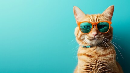 Closeup portrait of funny ginger cat wearing colored glasses isolated on blue background