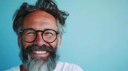 Smiling man with gray beard and hair wearing glasses against blue background.