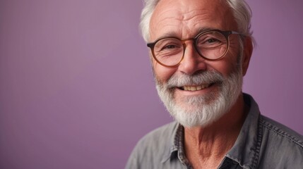 Obraz premium A cheerful older man with white hair and a beard wearing glasses and a casual shirt smiling against a purple background.