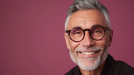 Smiling man with gray hair and glasses wearing a dark shirt against a pink background. - 731172482