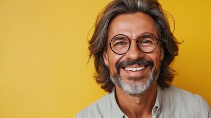 Smiling man with gray hair and glasses wearing a light-colored shirt against a vibrant yellow background. - obrazy, fototapety, plakaty