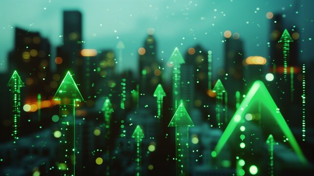 Green and sustainable development in the business sector, showcasing upward arrows symbolizing the growth and positive impact of environmental, social, and governance (ESG) practices.