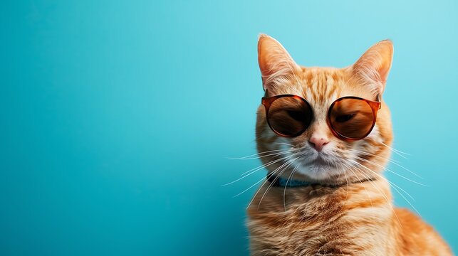 Closeup portrait of funny ginger cat wearing sunglasses isolated on light cyan © Emma