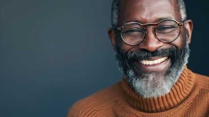 Smiling man with glasses and a beard wearing a brown turtleneck against a dark blue background.