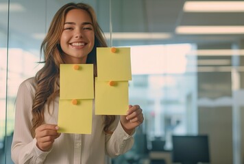 A cheerful businesswoman presenting a set of sticky notes on a transparent surface, showcasing a creative process.