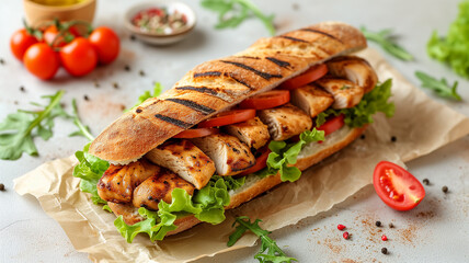 Appetizing sandwich with grilled chicken and vegetables