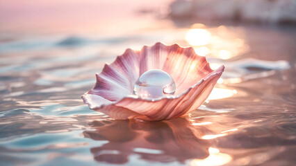 A beautiful shell with a pearl lies in the middle of the sea in front of an incredible summer sunset.