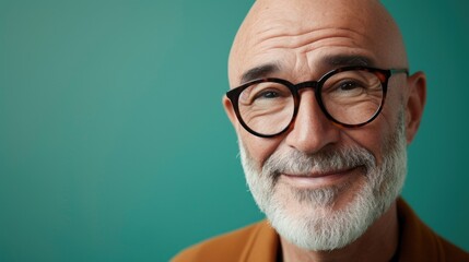 Bald man with glasses white beard and warm smile wearing a brown shirt against a teal background.