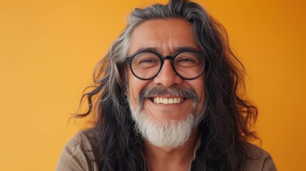 Smiling man with long gray hair and beard wearing glasses against a yellow background.