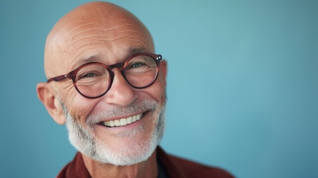Bald man with glasses white beard and a warm smile against a blue background.