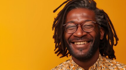 Smiling man with dreadlocks and glasses wearing a patterned shirt against a yellow background.