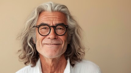 A man with long gray hair and a beard wearing round glasses smiling at the camera.