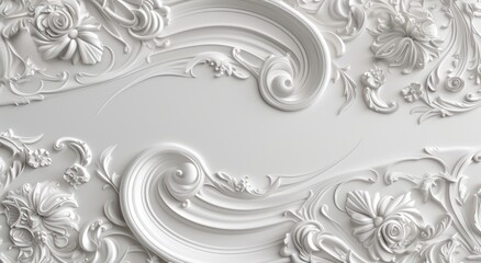 Victorian-style white decorative elements on 3D ceiling wall wallpaper, complemented by a frame-like background.