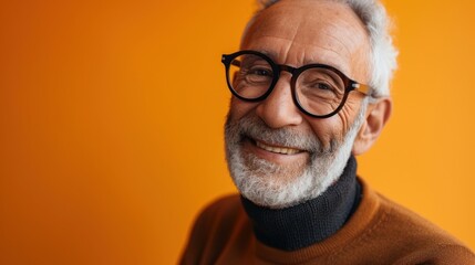 Smiling elderly man with white beard and glasses wearing a brown turtleneck against an orange background. - obrazy, fototapety, plakaty