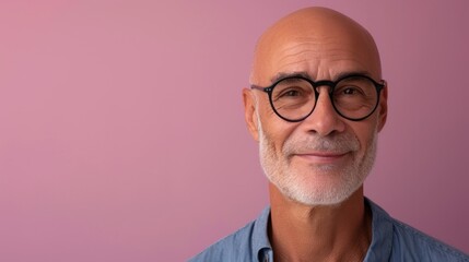 Fototapeta premium Bald man with gray beard and mustache wearing glasses smiling against pink background.